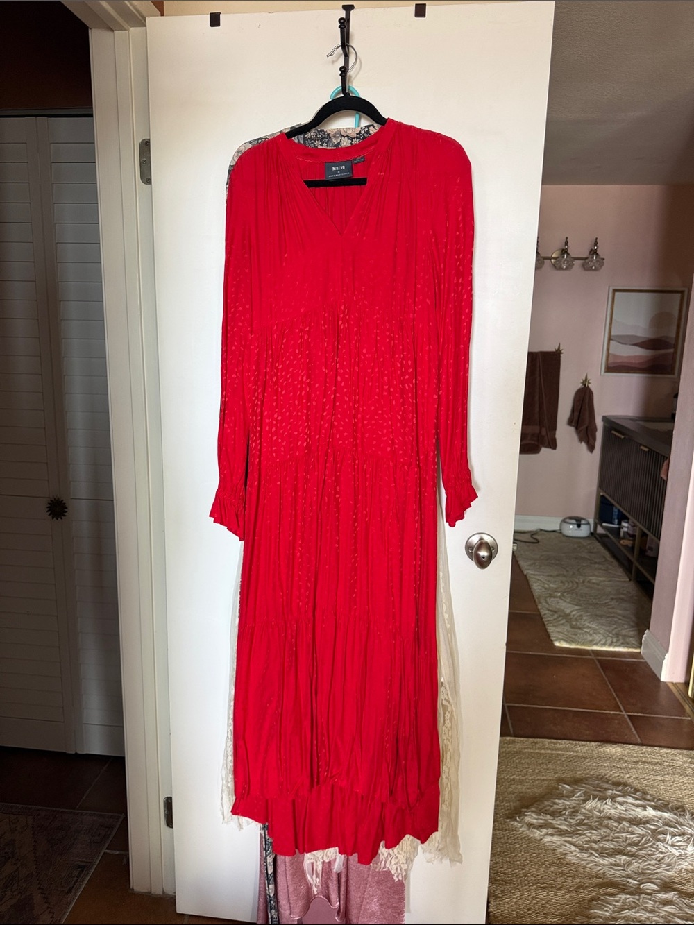 Anthropologie V-Neck Red Pleated Maxi Dress